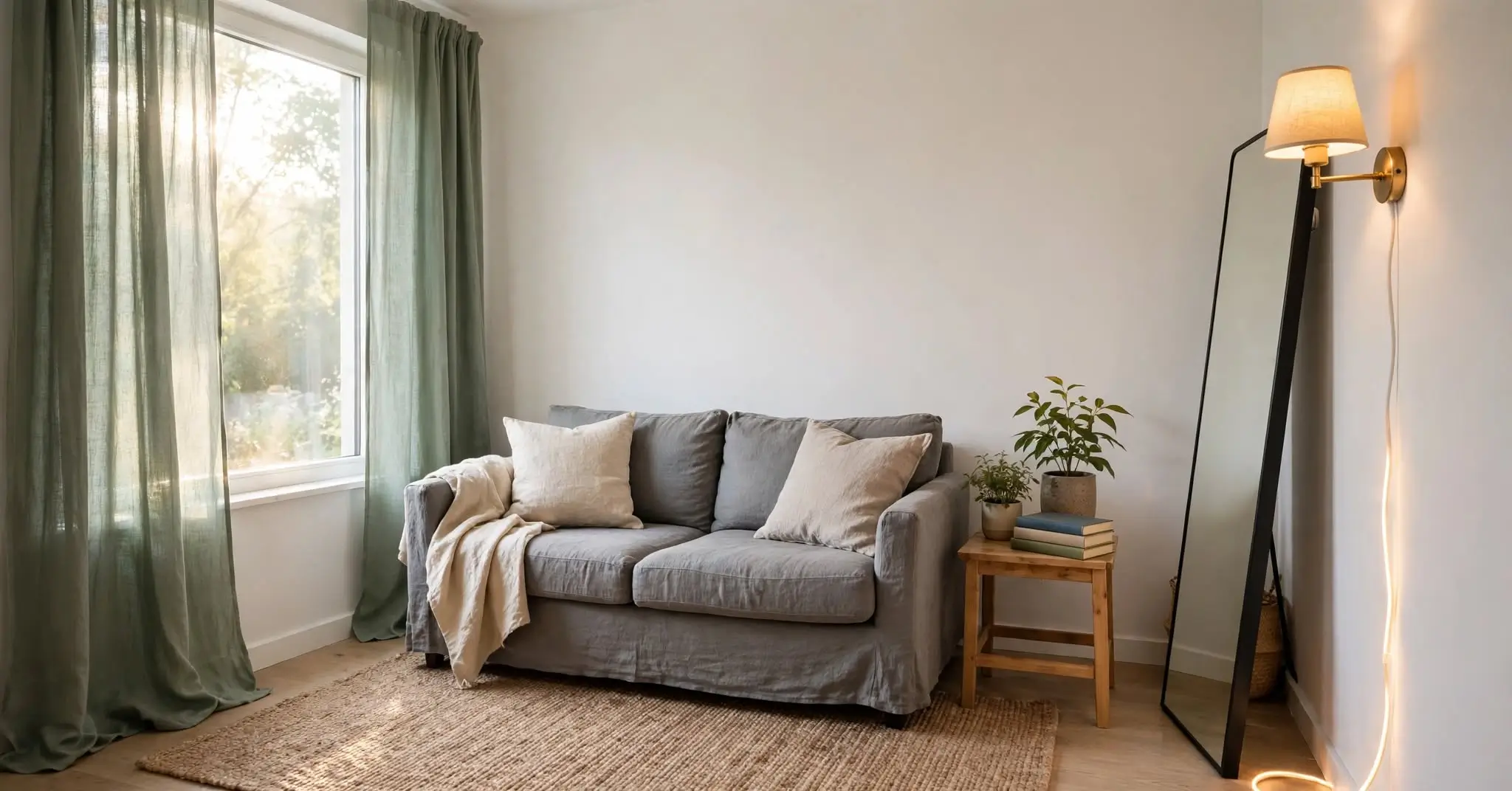 Finished rental living room with a jute rug, plug-in wall sconce, and leaning floor mirror