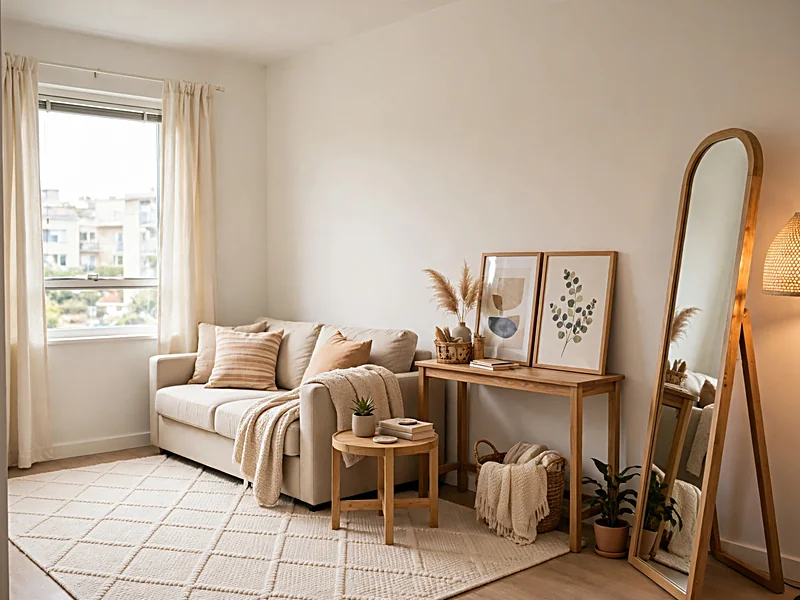 Renter-friendly apartment with framed art on a freestanding console, floor mirror, curtains, rug, and movable furniture.