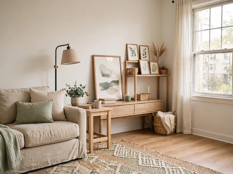 Rental apartment living room with freestanding artwork, a floor lamp, removable decor, and a neutral sofa.
