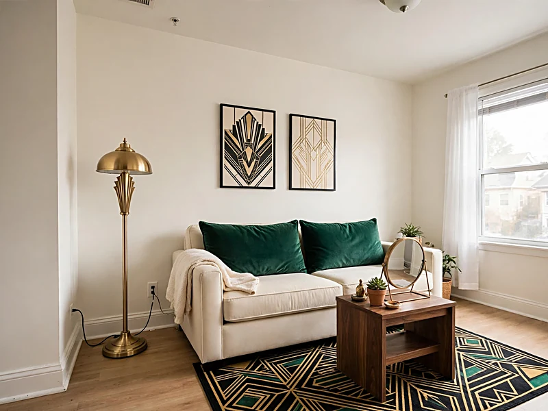 Renter-friendly Art Deco apartment with removable rug, framed prints, and freestanding lamp