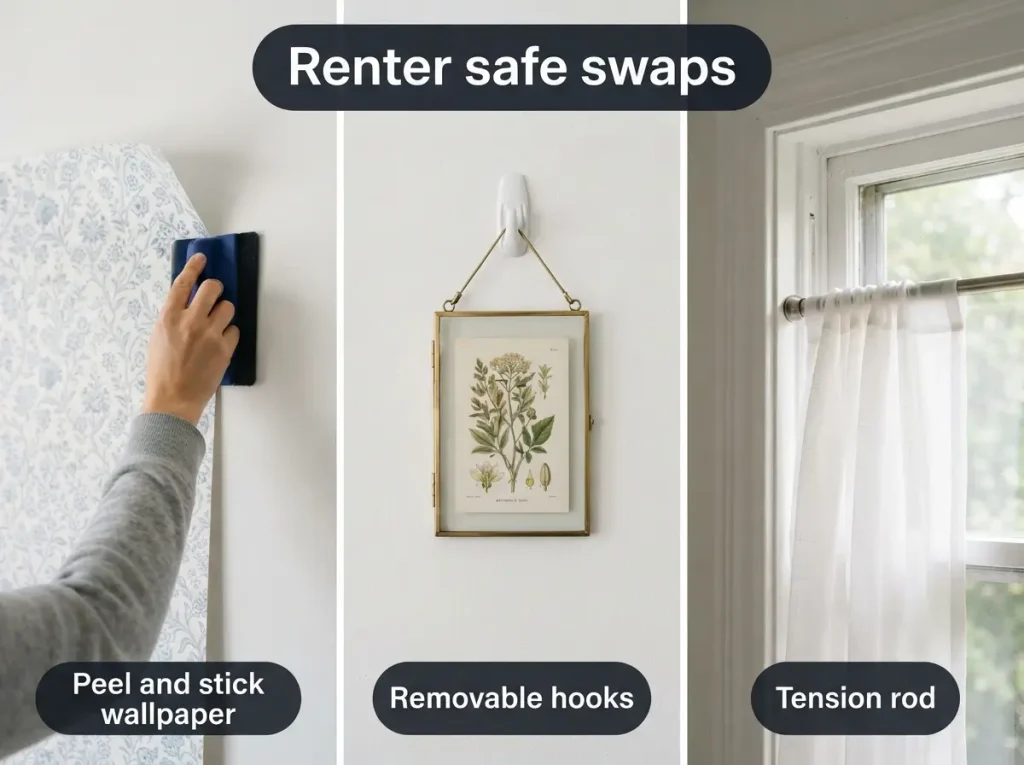 Renter friendly bedroom swaps: peel and stick wallpaper, removable hooks and a tension rod
