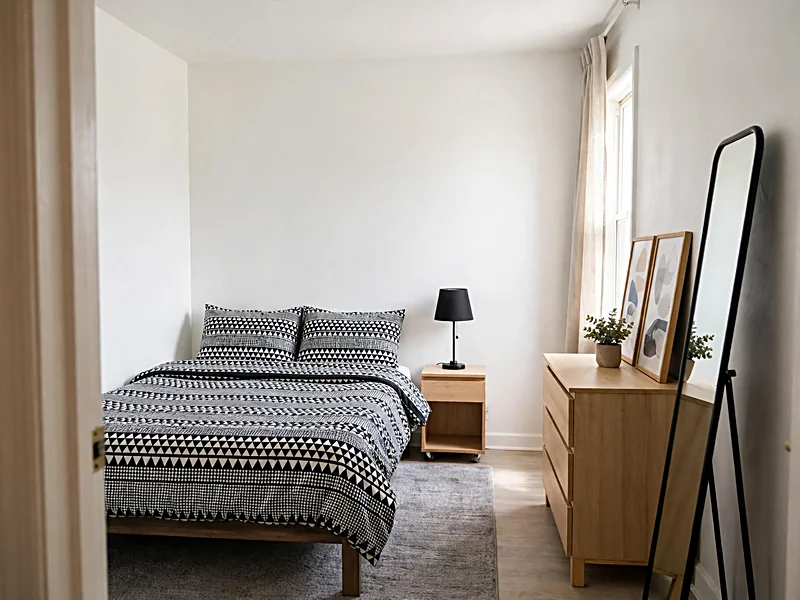 Rental bedroom with white walls, patterned bedding, a black bedside lamp, and freestanding framed artwork.
