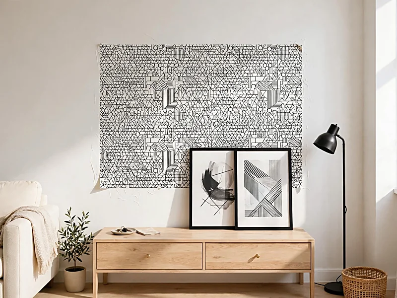 Rental apartment wall with removable black and white patterned wallpaper and framed prints displayed on furniture.