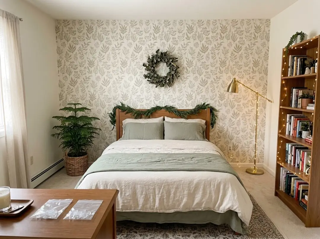Renter friendly bedroom decor using removable hooks, museum putty, peel and stick wallpaper, and a freestanding tree