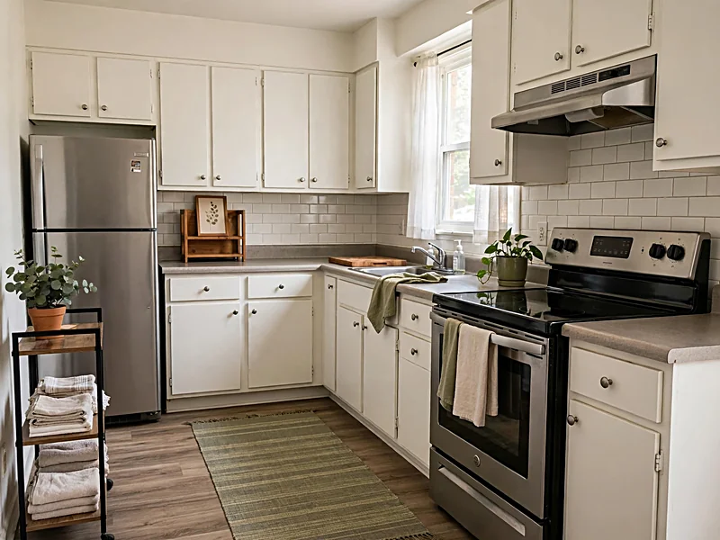Apartment rental kitchen decorated with a washable runner, framed artwork, plants, and freestanding storage.