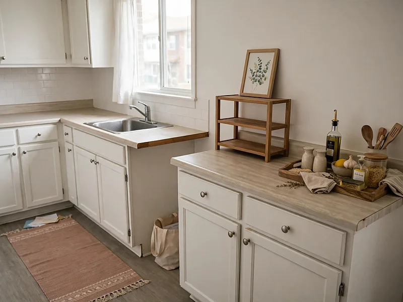 Rental apartment kitchen decorated with a removable runner, freestanding framed art, and a countertop tray.