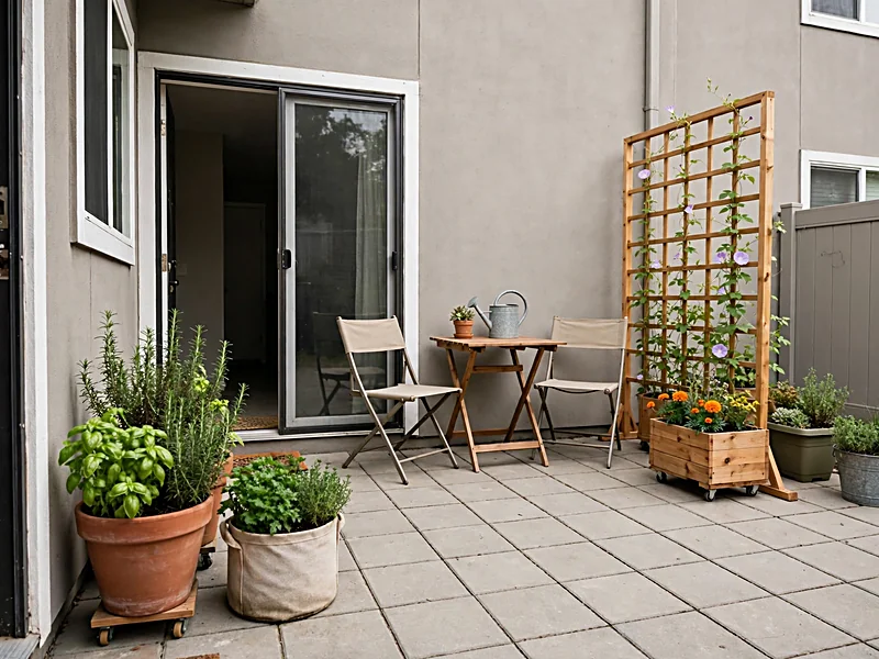 Rental home patio with freestanding planters, a movable trellis, herbs, and folding outdoor furniture.