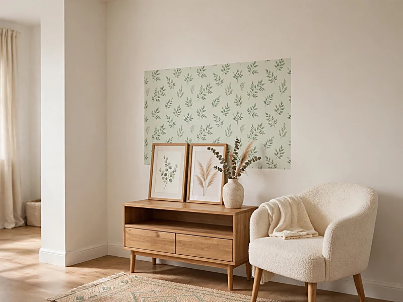 Rental apartment wall decorated with removable patterned wallpaper, framed prints, and a freestanding console.