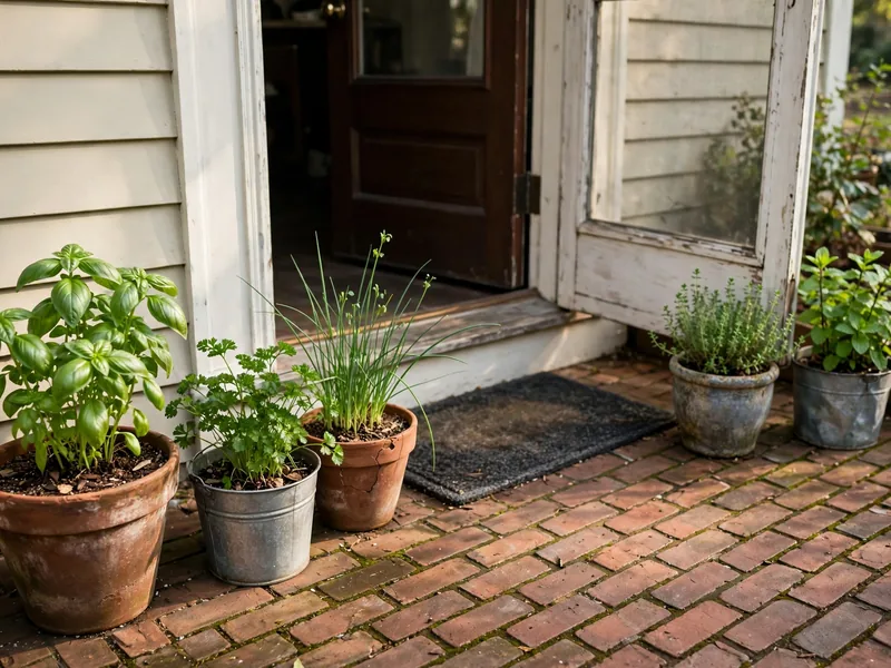 Basil, parsley, chives, and thyme growing in reused terracotta pots and food-safe containers near a kitchen door.
