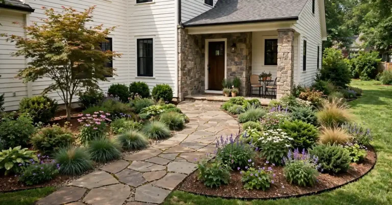 Attractive suburban home with landscaped front yard, stone walkway, flowering plants, shrubs, and outdoor seating.