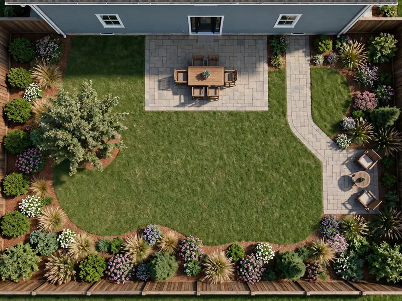 Overhead residential yard planning diagram showing a house, dining patio, lawn, garden path, planting borders, and seating area.