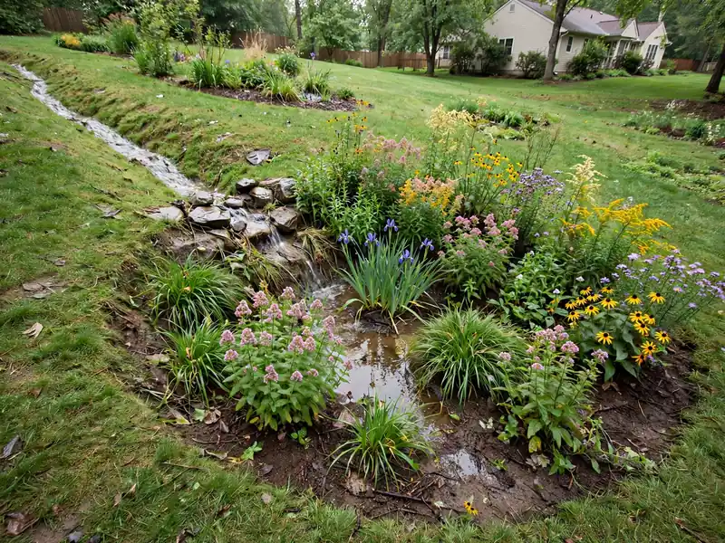 Shallow residential rain garden with moisture-tolerant native plants and stones receiving runoff from a lawn.