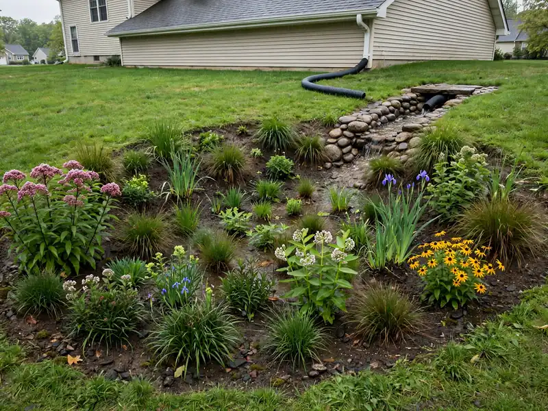 Shallow rain garden planted with grasses and moisture-tolerant flowers beside a residential lawn and runoff inlet.