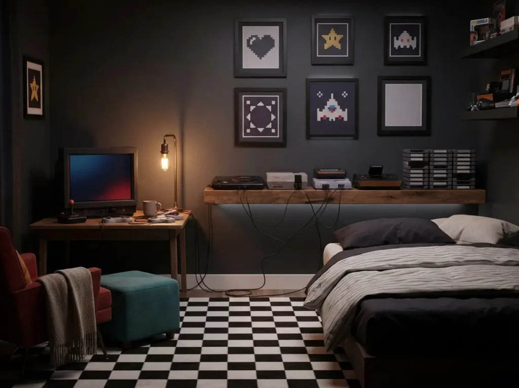 Retro arcade gaming bedroom with framed pixel art and a shelf of old consoles