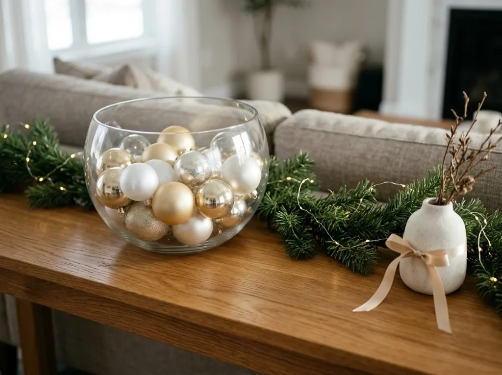 Gold and silver Christmas ornaments reused in a glass bowl with winter greenery and warm white lights.