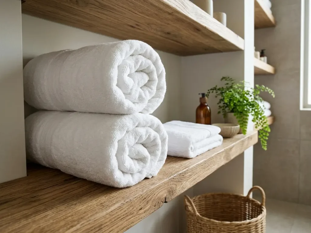 Two rolled white bath sheets and a hand towel on a wood shelf

