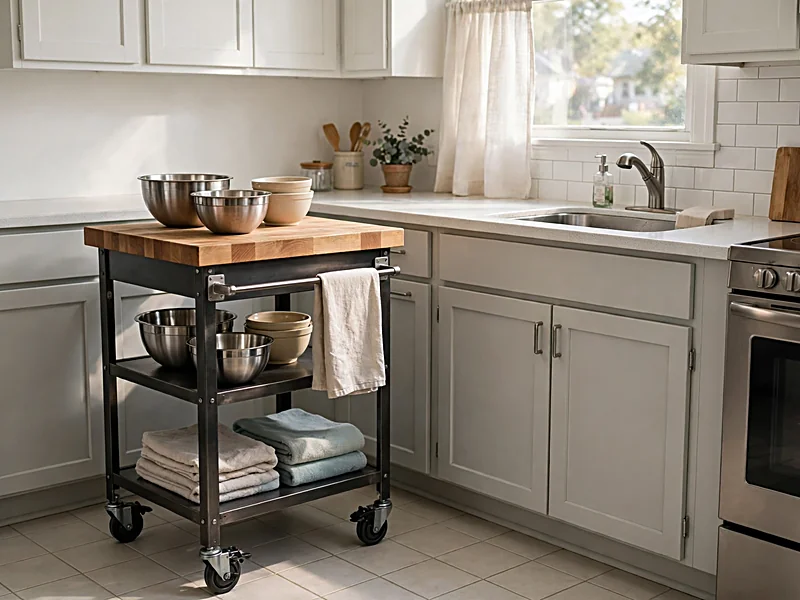 Small kitchen with a movable butcher block cart featuring locking caster wheels and lower storage shelves.