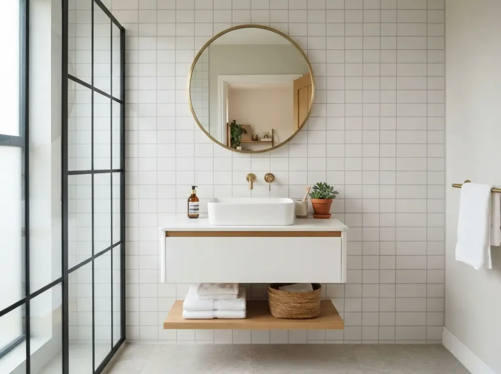 Round bathroom mirror about 28 inches wide with thin metal frame over a vanity
