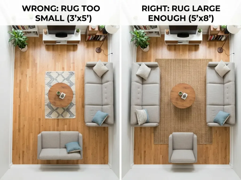 Comparison of a rug that is too small and a 5 by 8 foot rug under the front legs of a sofa
