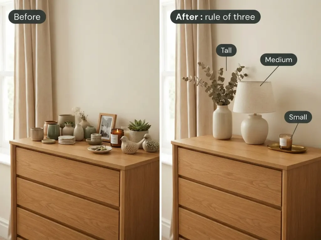Before and after dresser styling: a crowded surface on the left, three objects of different heights on the right
