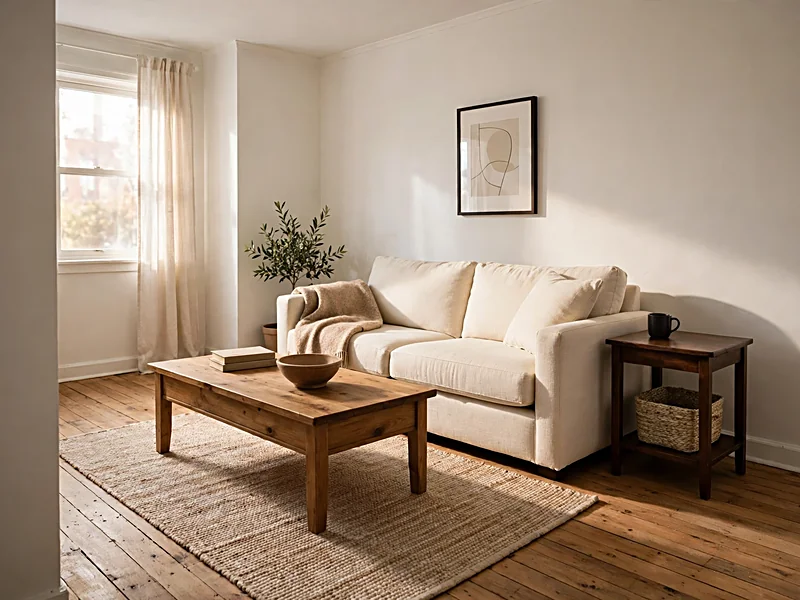 Rustic apartment living room with a natural wood coffee table, woven rug, cream sofa, and pottery.