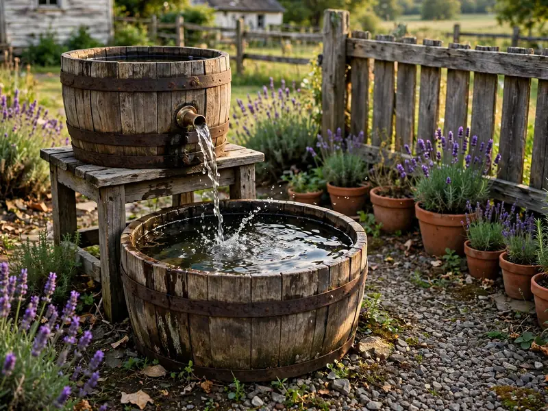 Rustic wooden barrel fountain with water flowing from an upper wooden container into a lower basin.