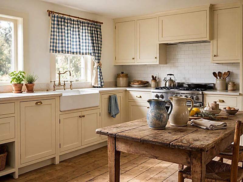 Rustic cottage kitchen with an old wooden table, cream cabinets, pottery, and a farmhouse-style sink.