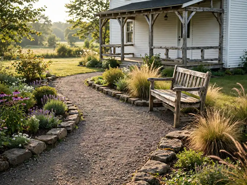 Farmhouse garden with gravel path, rustic wooden bench, natural stone edging, and flowering planting borders.