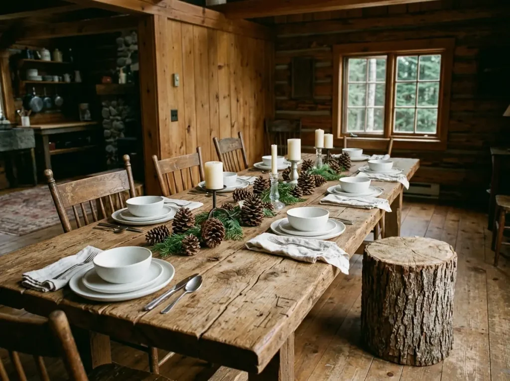 Rough wood dining table with white dishes, pinecones, candles, a tree stump seat, and regular chairs