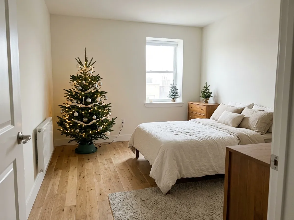 Christmas tree in a bedroom placed well away from the radiator, with a clear path to the door