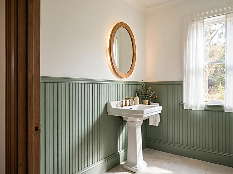 Sage green beadboard wainscoting below warm white walls with a traditional sink and brass mirror.