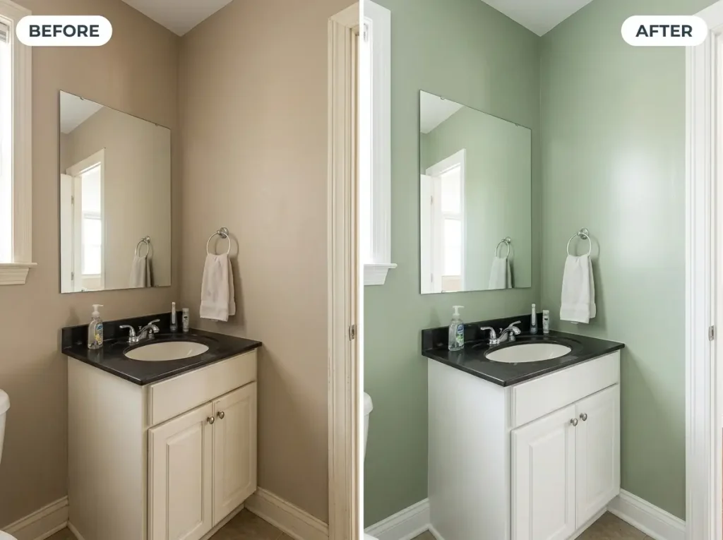 Bathroom wall before and after repainting in sage green semi gloss
