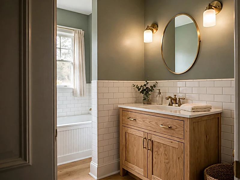 Sage green bathroom walls with warm white subway tile, light oak vanity, and brushed brass faucet.