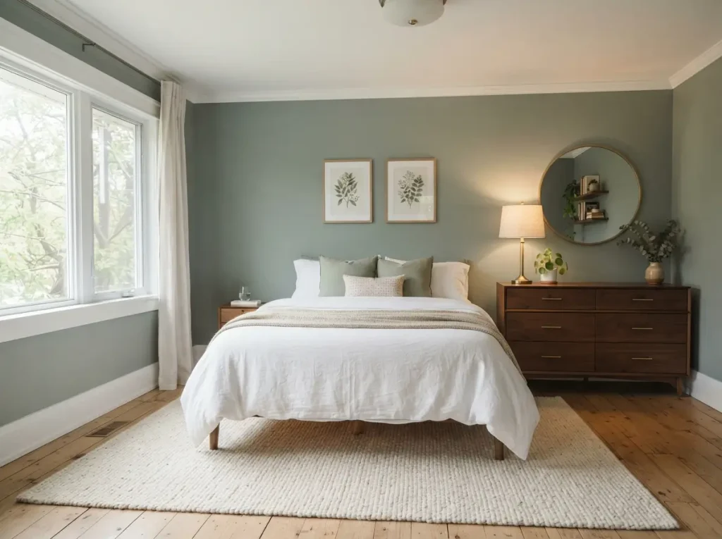 Bedroom with sage green walls, wood furniture and brass accents in daylight
