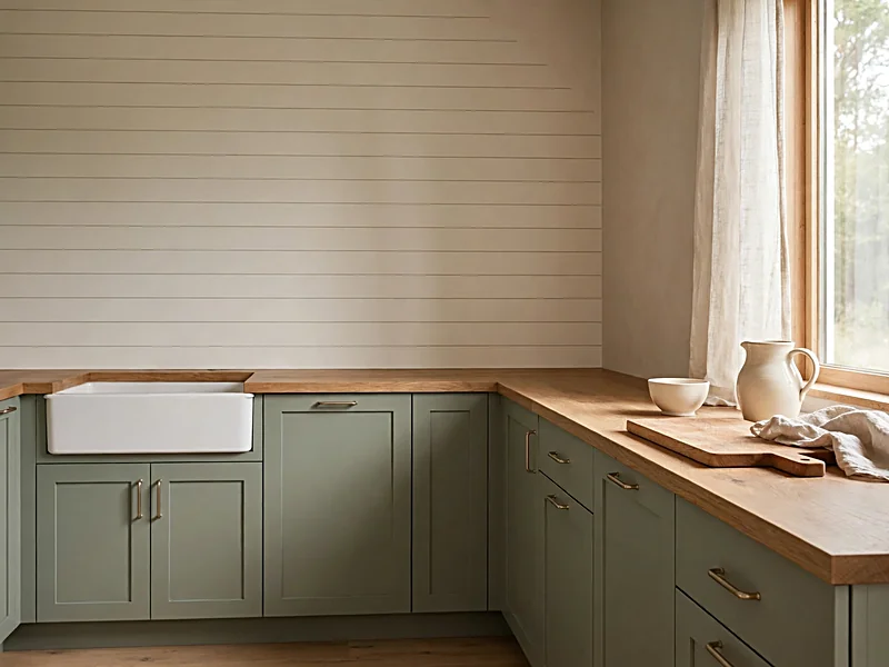 Sage green Shaker cabinets with a white shiplap backsplash, oak countertop, and brushed brass handles.