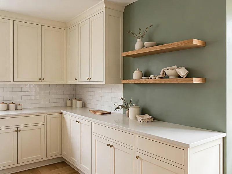 Kitchen with a muted sage green accent wall, cream cabinets, and natural oak shelves.