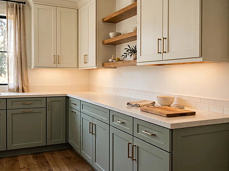 Sage green lower kitchen cabinets paired with cream upper cabinets, warm white quartz countertops, and brass handles.