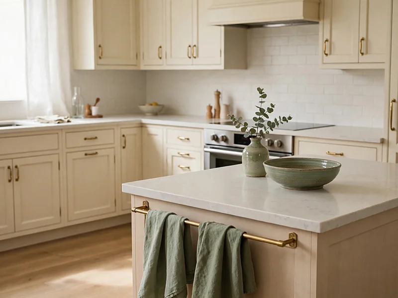 Neutral kitchen with sage green ceramic accessories, matching towels, and warm wood accents.