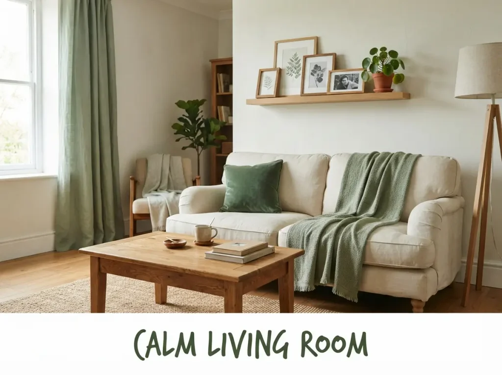 Sage green curtains and throw paired with a warm wood coffee table and wood picture frames
