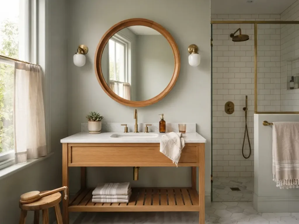 Bathroom with gray green walls, brass hardware and a wood framed mirror
