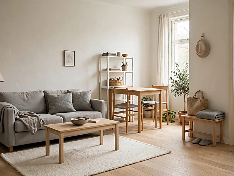 Scandinavian apartment with pale oak furniture, a cream rug, simple chairs, practical storage, and a floor lamp.