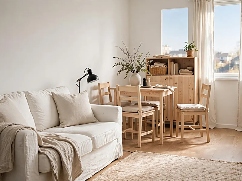 Bright Scandinavian apartment with pale oak furniture, white walls, linen curtains, and simple practical storage.