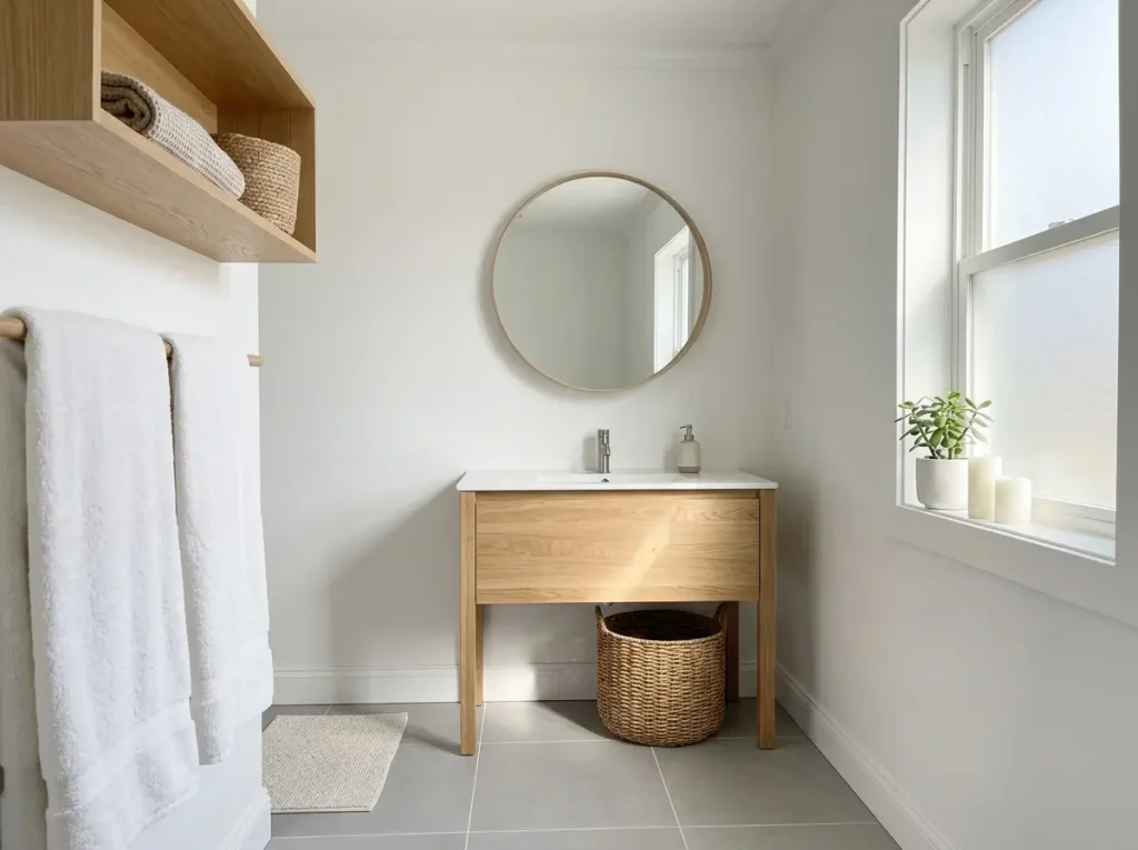 Scandinavian bathroom with light oak vanity, woven baskets, candles, and frosted window glass