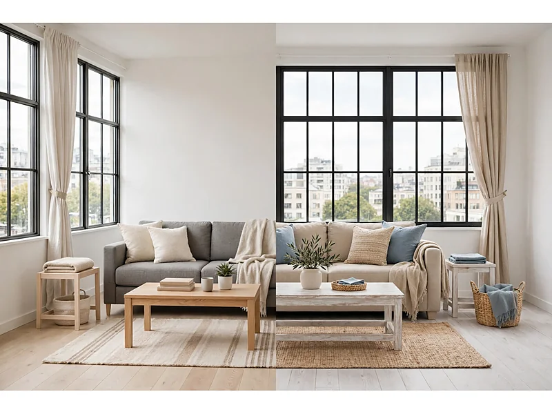 Side-by-side condo living rooms showing Scandinavian decor with light wood and coastal decor with sandy colors and muted blue accents.