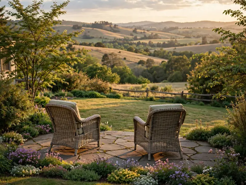 Backyard seating area overlooking distant hills, with low flower beds and taller shrubs framing the view.
