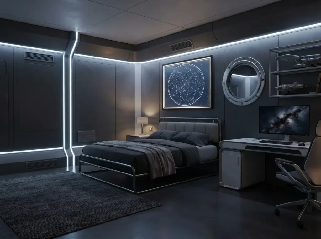 Sci fi space station bedroom with cool blue light, a dark rug and a star map poster
