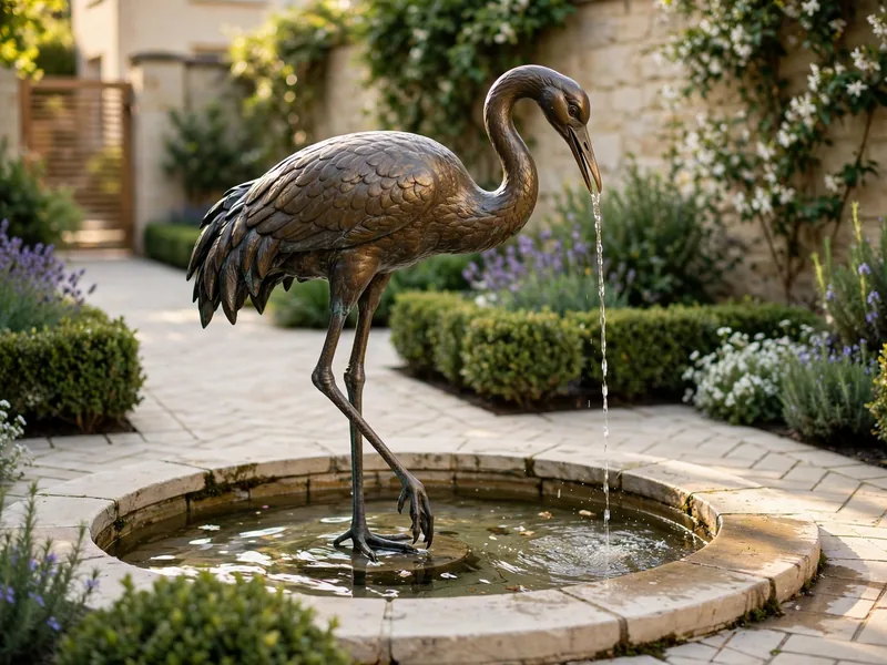Bronze crane sculpture fountain with a gentle water stream in a formal courtyard garden.