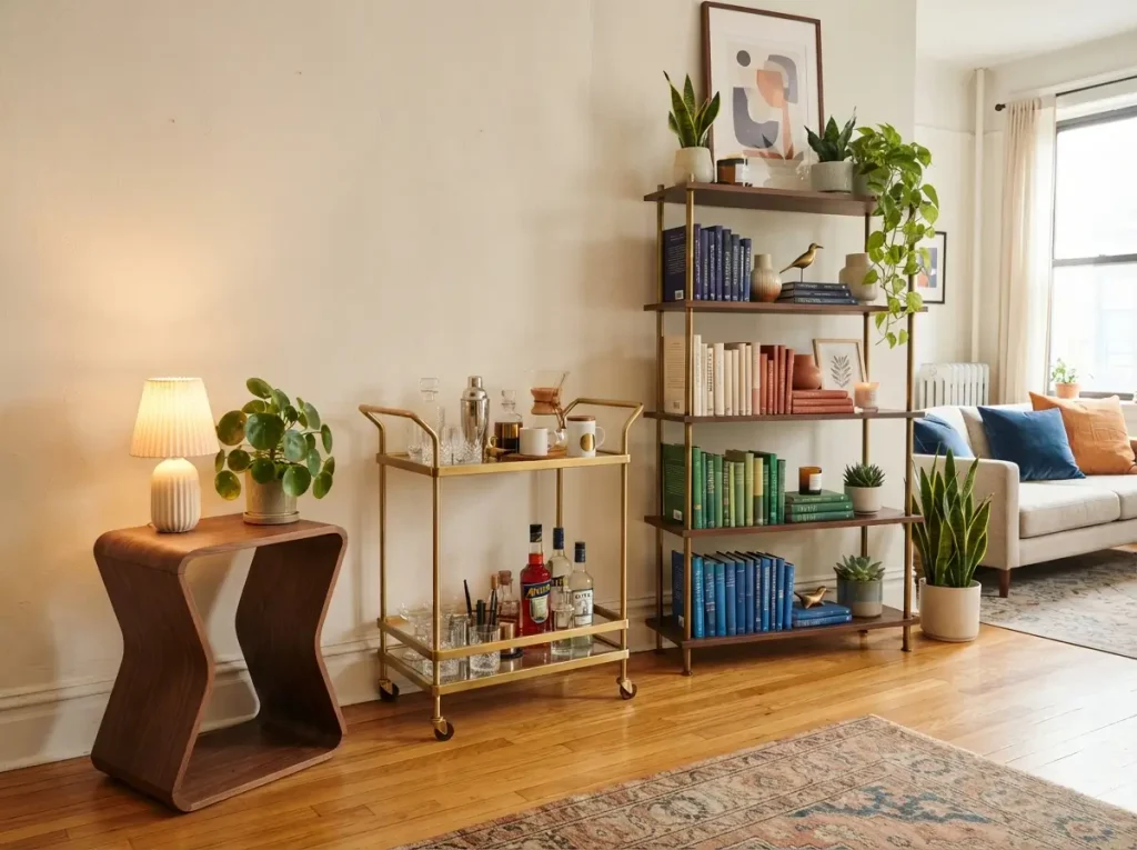 Curved-base side table, brass bar cart, and open freestanding shelf styled like decor
