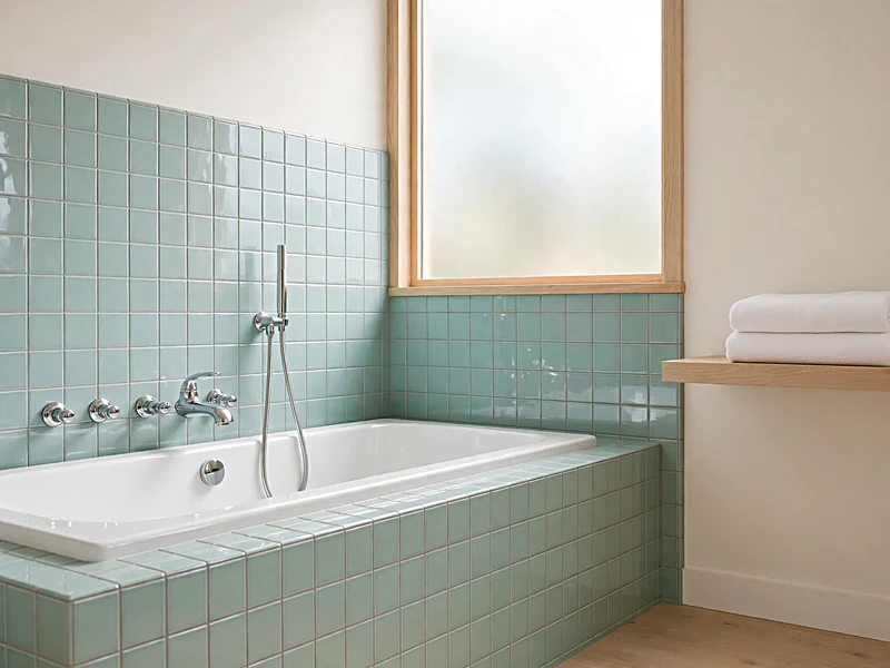 Seafoam green bathroom tiles surrounding a white bathtub with chrome fittings and pale wood accents.