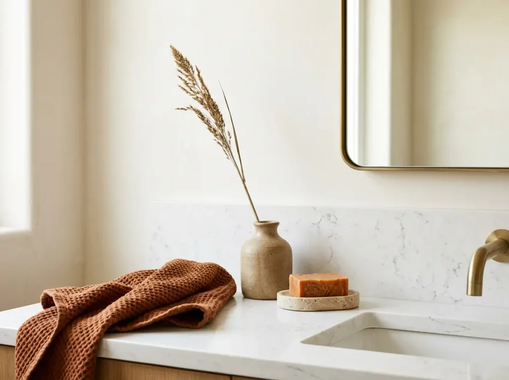 Rust hand towel, dried stem and orange soap on a fall bathroom counter
